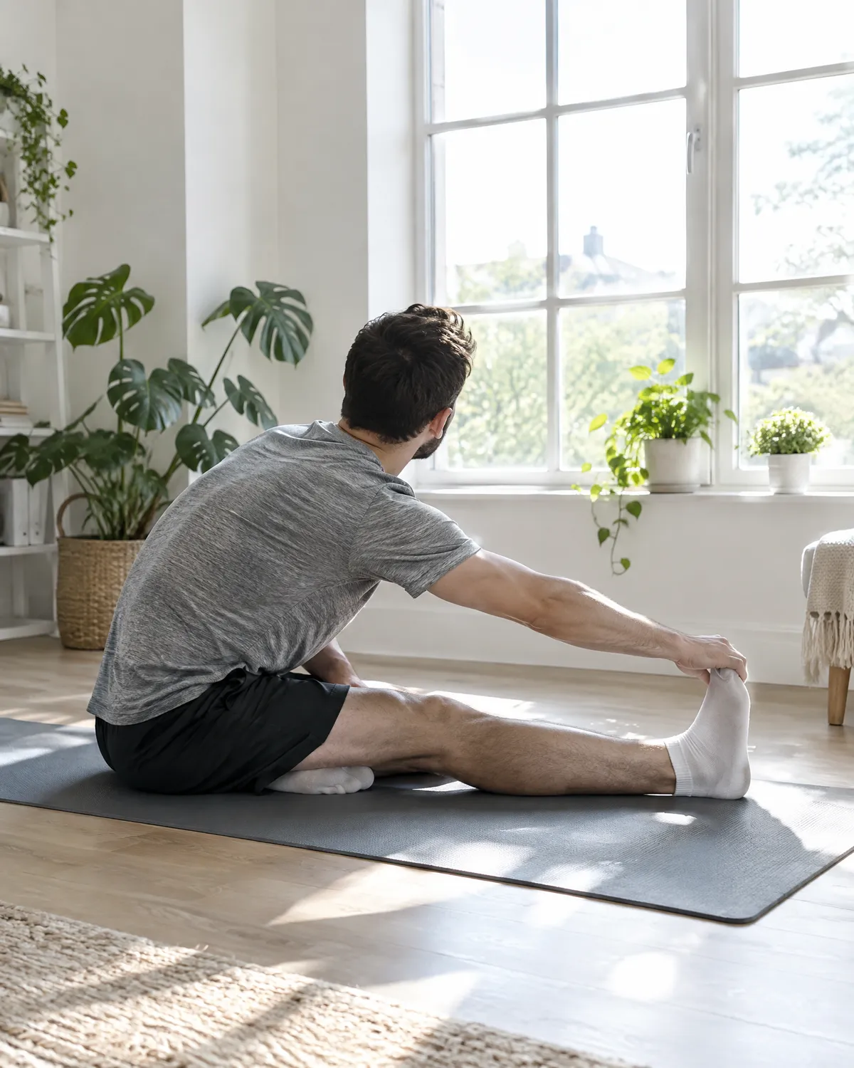 A person stretching on a mat by a bright window